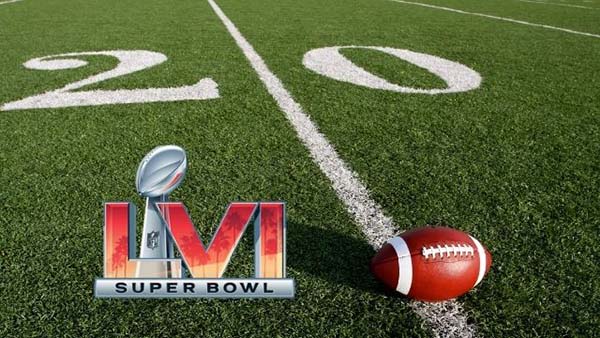 super bowl LVI and a football at the 20 yard line