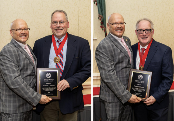 Miami University President Gregory Crawford awarded the Benjamin Harrison Medallion to Michael Crowder, associate provost and dean of the Graduate School, and Thomas Poetter, professor of Educational Leadership.