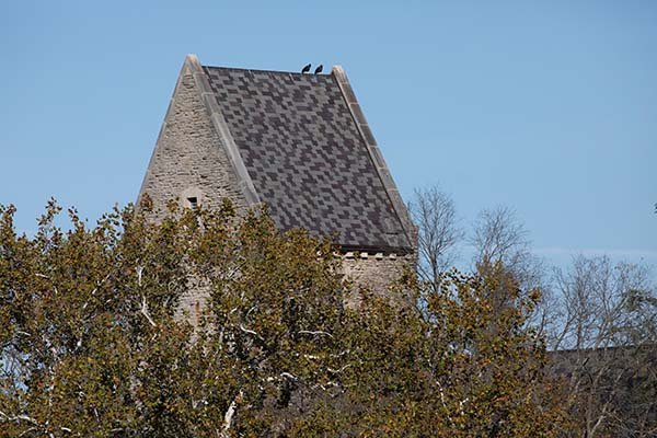 Kumler Chapel rooftoop with 2 crows sitting on top with blue sky