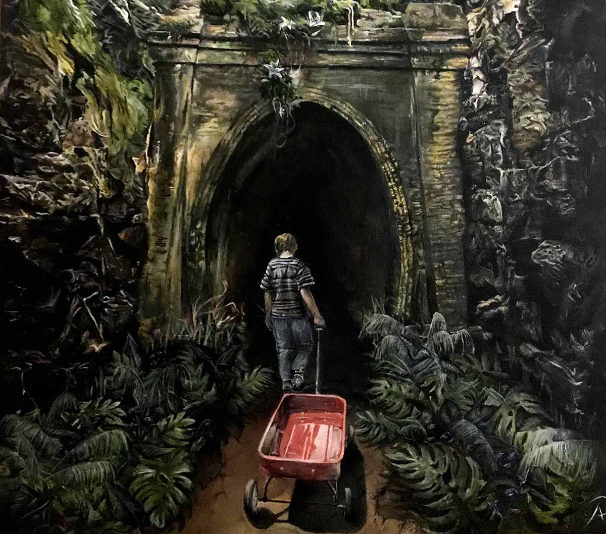 painting of tunnel vision with a boy pulling a red wagon toward a tunnel