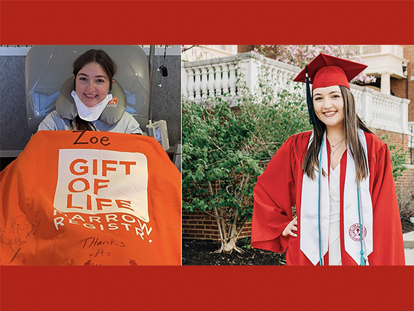 Left, Zoe Kelley donating peripheral blood stem cells at for the Gift of Life Marrow Registry in January. Right, wearing her cap and gown before Saturday's commencement (submitted photos).