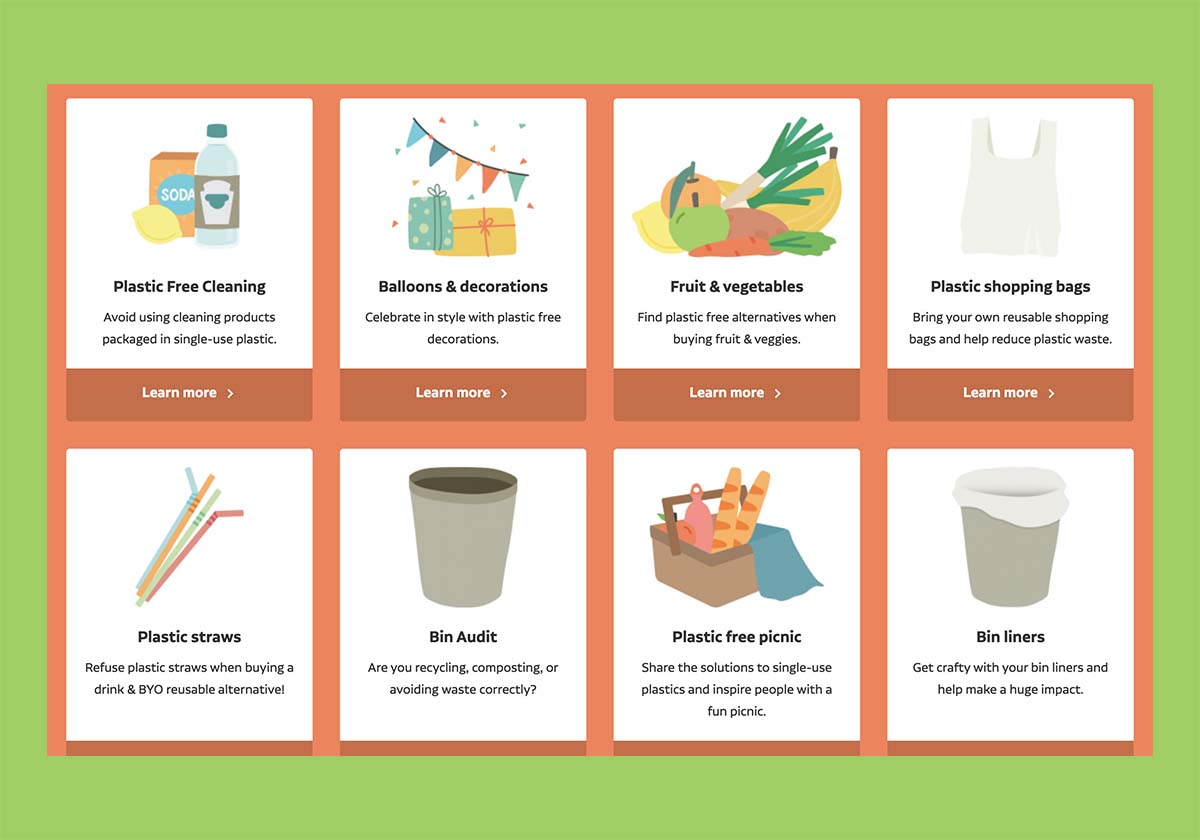 Eight tiles showing a colorful drawing of ideas for single us plastic swaps