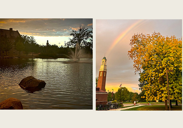 western pond and a rainbow near pulley tower