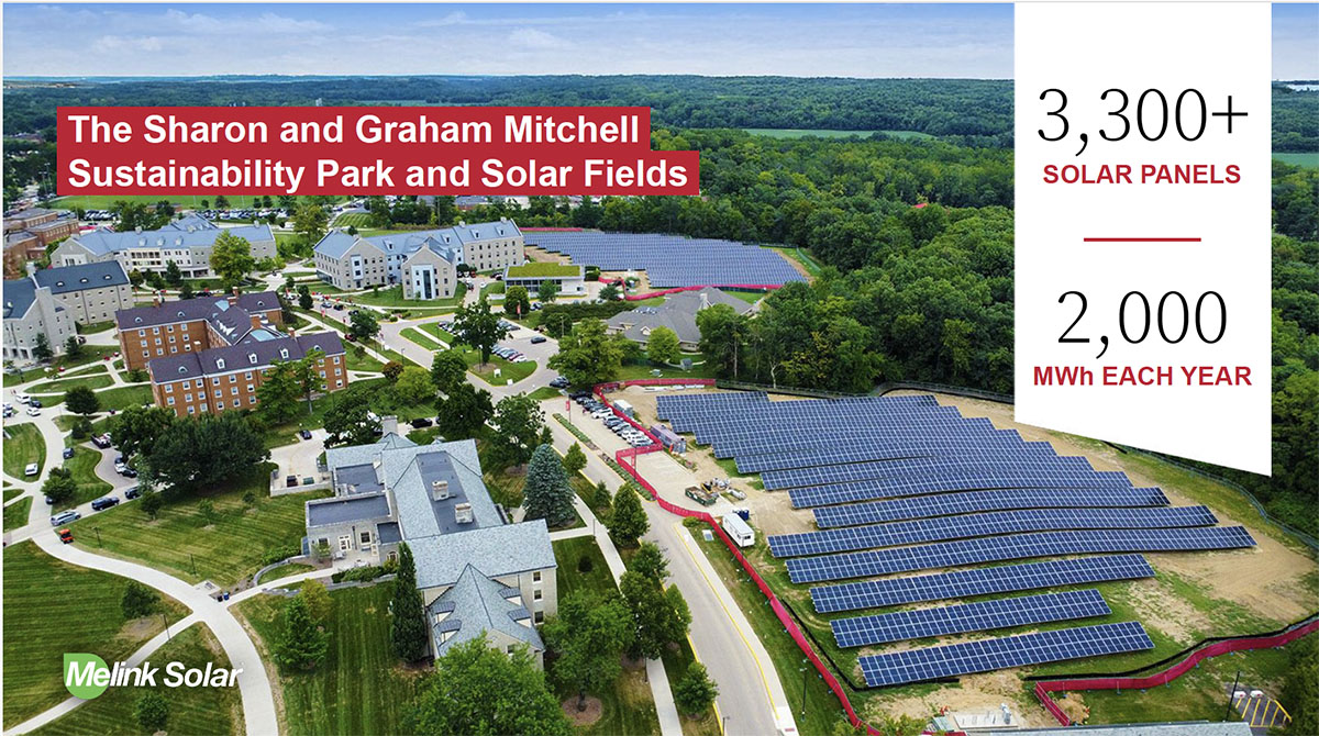 Drone view of the 2 solar arrays at the future Sustainability Park. 3300 solar panels  in 2 fields behind the geothermal plant and child development center and next to Boyd Hall on Western Drive