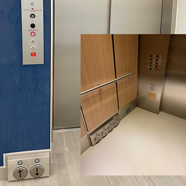 The elevator foot buttons, exterior and interior, at Miami University's Cleveland Clinic  Health Sciences and Wellness Facility