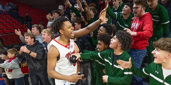 Miami University men's basketball celebrates a recent victory