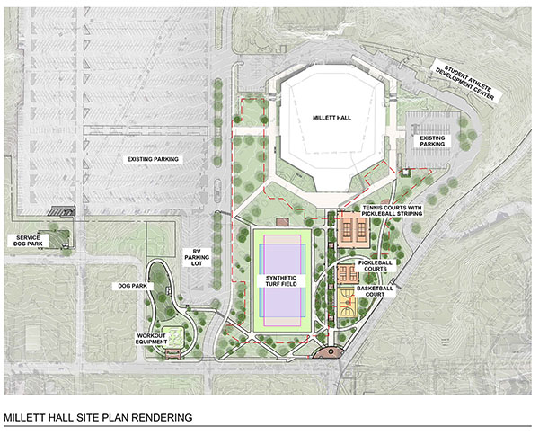 Rendering of the multi-use sports fields at the south lawn area of Millett hall shows a service dog park and a larger dog park south of the west parking lot, and a pickleball court, tennis court, and basketball court, and a large multi-use field