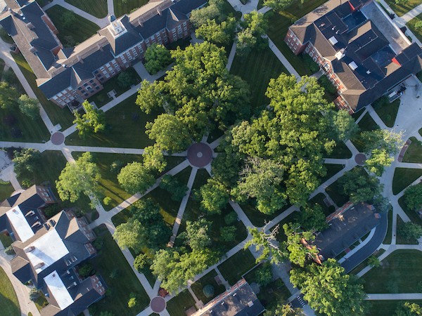 Aerial view of campus in the summer