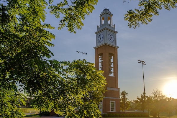 Bell tower over campus in the summer